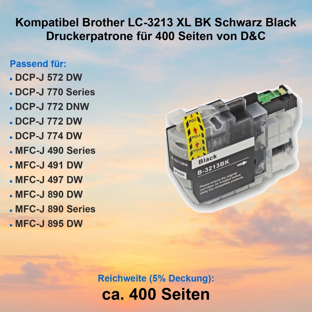 Kompatibel Brother LC-3213 XL BK Schwarz Black Druckerpatrone für 400 Seiten von D&C