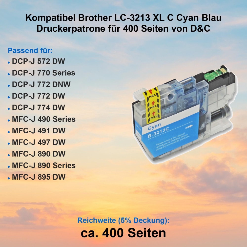 Kompatibel Brother LC-3213 XL C Cyan Blau Druckerpatrone für 400 Seiten von D&C