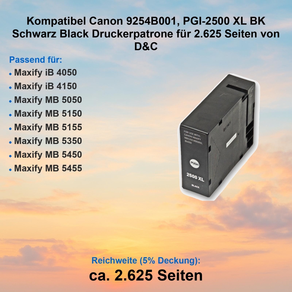 Kompatibel Canon 9254B001, PGI-2500 XL BK Schwarz Black Druckerpatrone für 2.625 Seiten von D&C