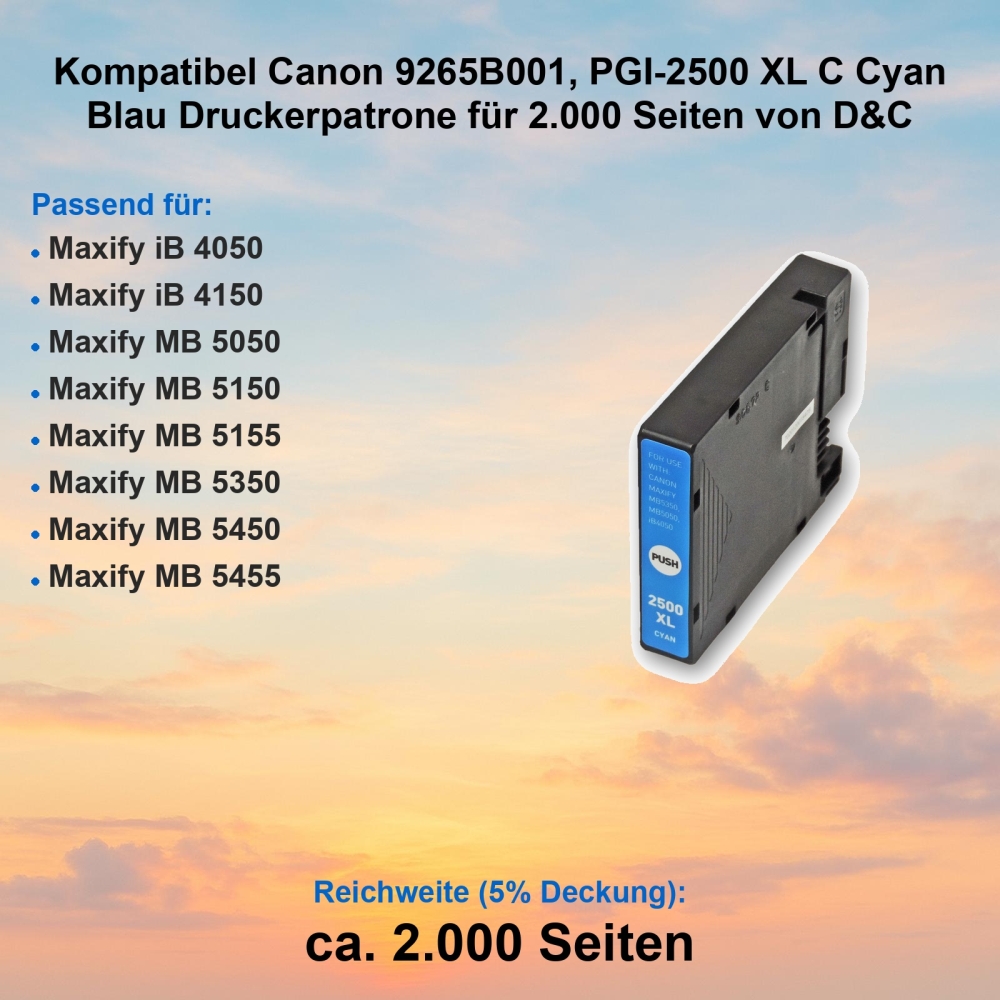 Kompatibel Canon 9265B001, PGI-2500 XL C Cyan Blau Druckerpatrone für 2.000 Seiten von D&C