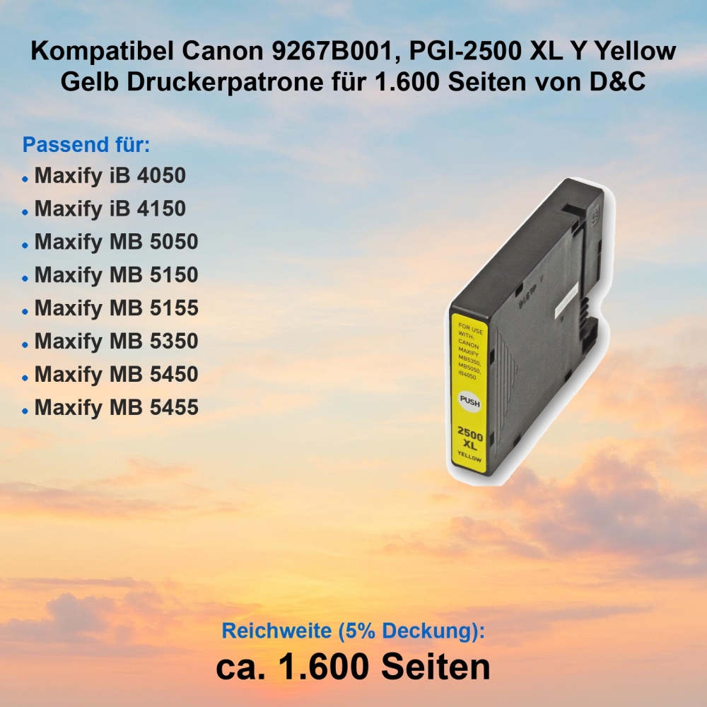 Kompatibel Canon 9267B001, PGI-2500 XL Y Yellow Gelb Druckerpatrone für 1.600 Seiten von D&C