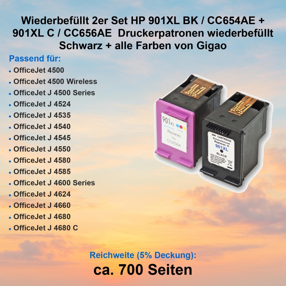 Wiederbefüllt 2er Set HP 901XL BK / CC654AE + 901XL C / CC656AE  Druckerpatronen wiederbefüllt Schwarz + alle Farben von Gigao