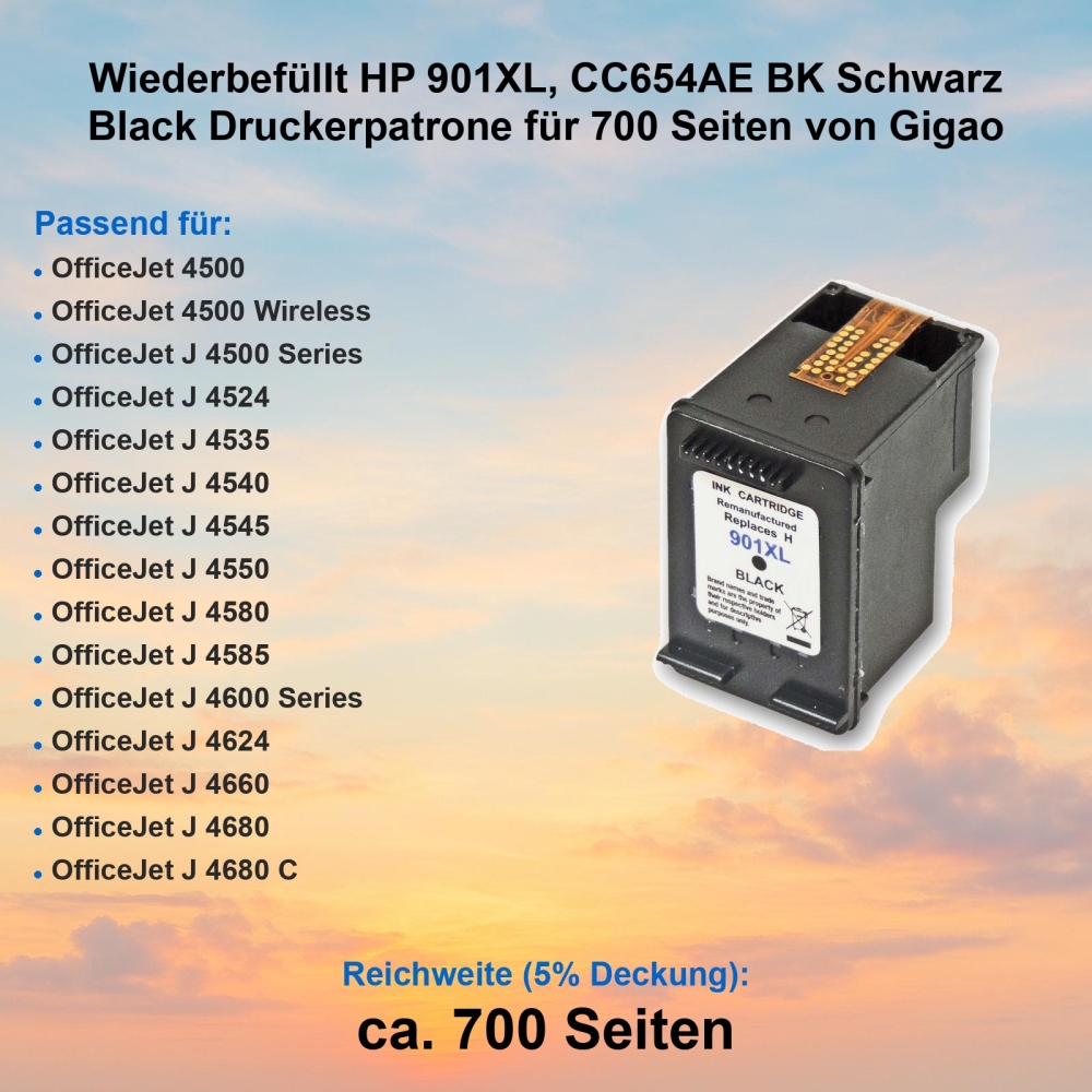Kompatibel HP 901XL, CC654AE BK Schwarz Black Druckerpatrone für 700 Seiten von Gigao
