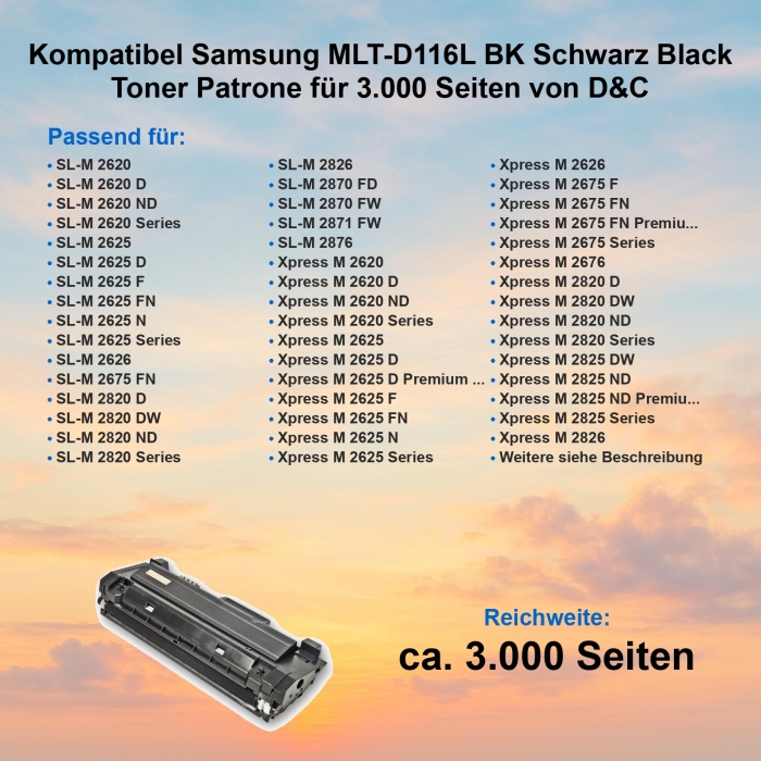 Kompatibel Samsung MLT-D116L BK Schwarz Black Toner Patrone für 3.000 Seiten von D&C