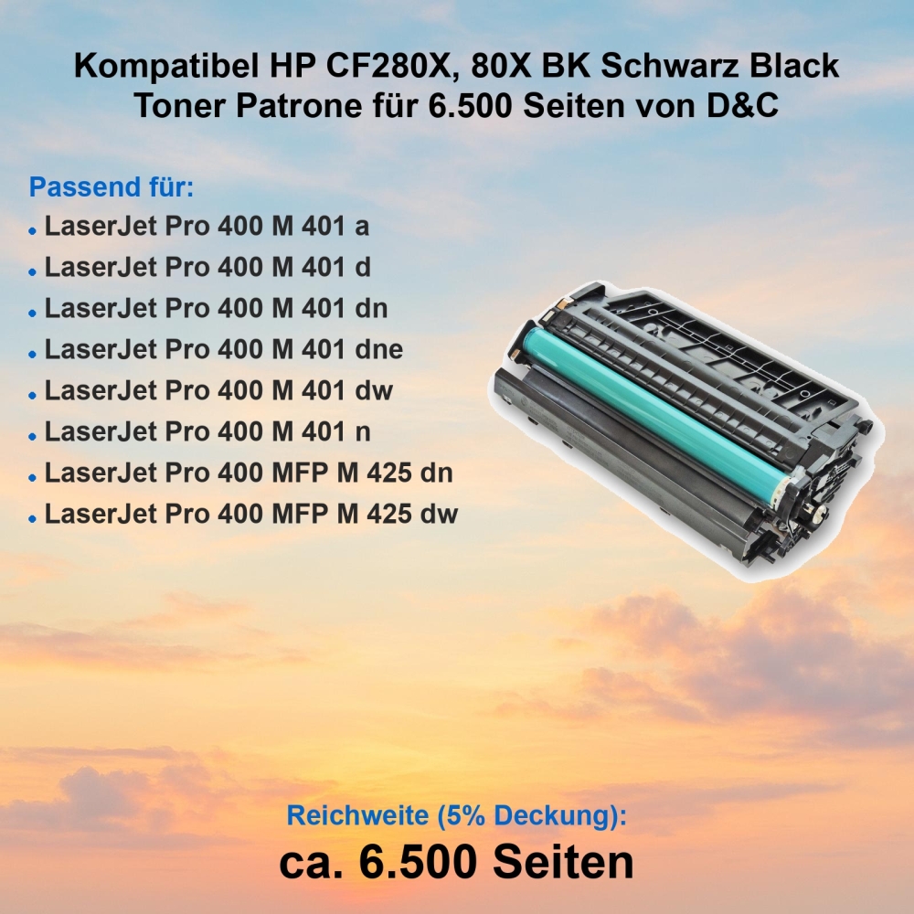 Kompatibel HP CF280X, 80X BK Schwarz Black Toner Patrone für 6.500 Seiten von D&C