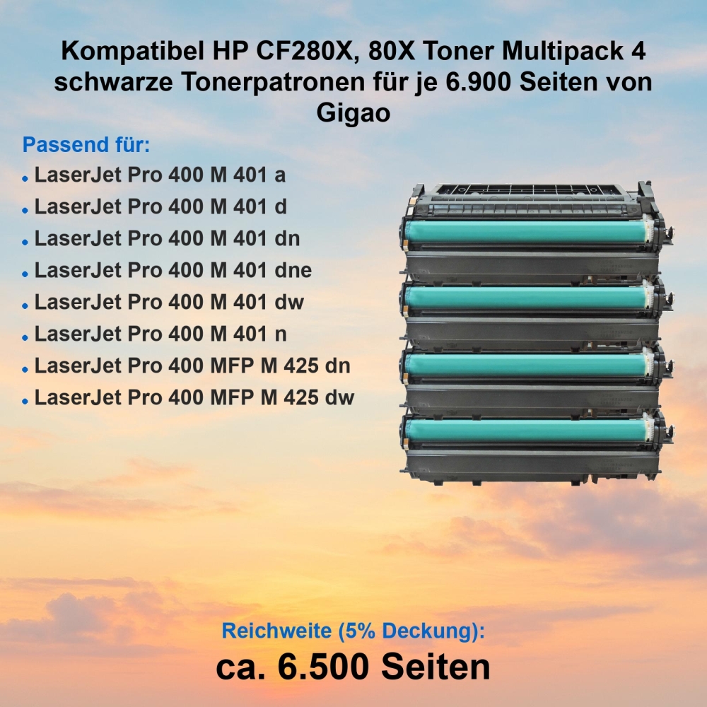 Kompatibel HP CF280X, 80X Toner Multipack 4 schwarze Tonerpatronen für je 6.900 Seiten von Gigao