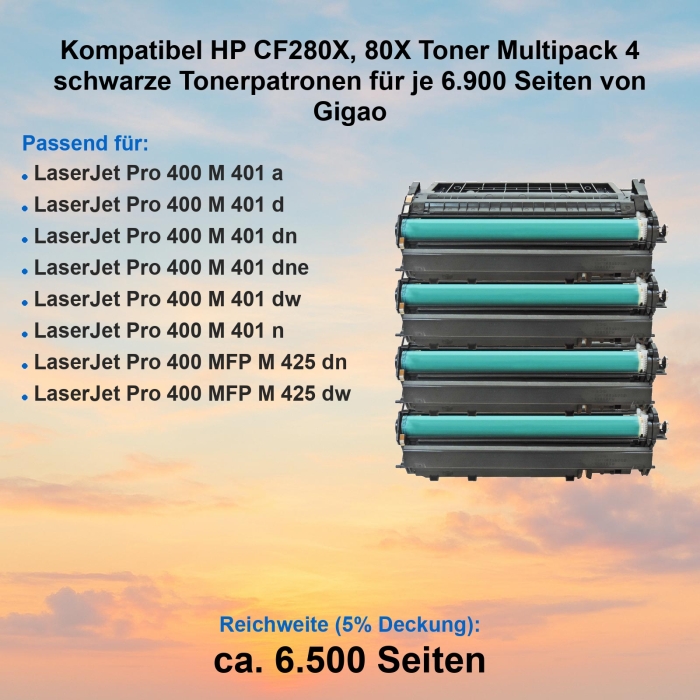 Kompatibel HP CF280X, 80X Toner Multipack 4 schwarze Tonerpatronen für je 6.900 Seiten von Gigao
