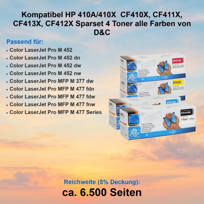 Kompatibel HP 410A/410X  CF410X, CF411X, CF413X, CF412X Sparset 4 Toner alle Farben von D&C
