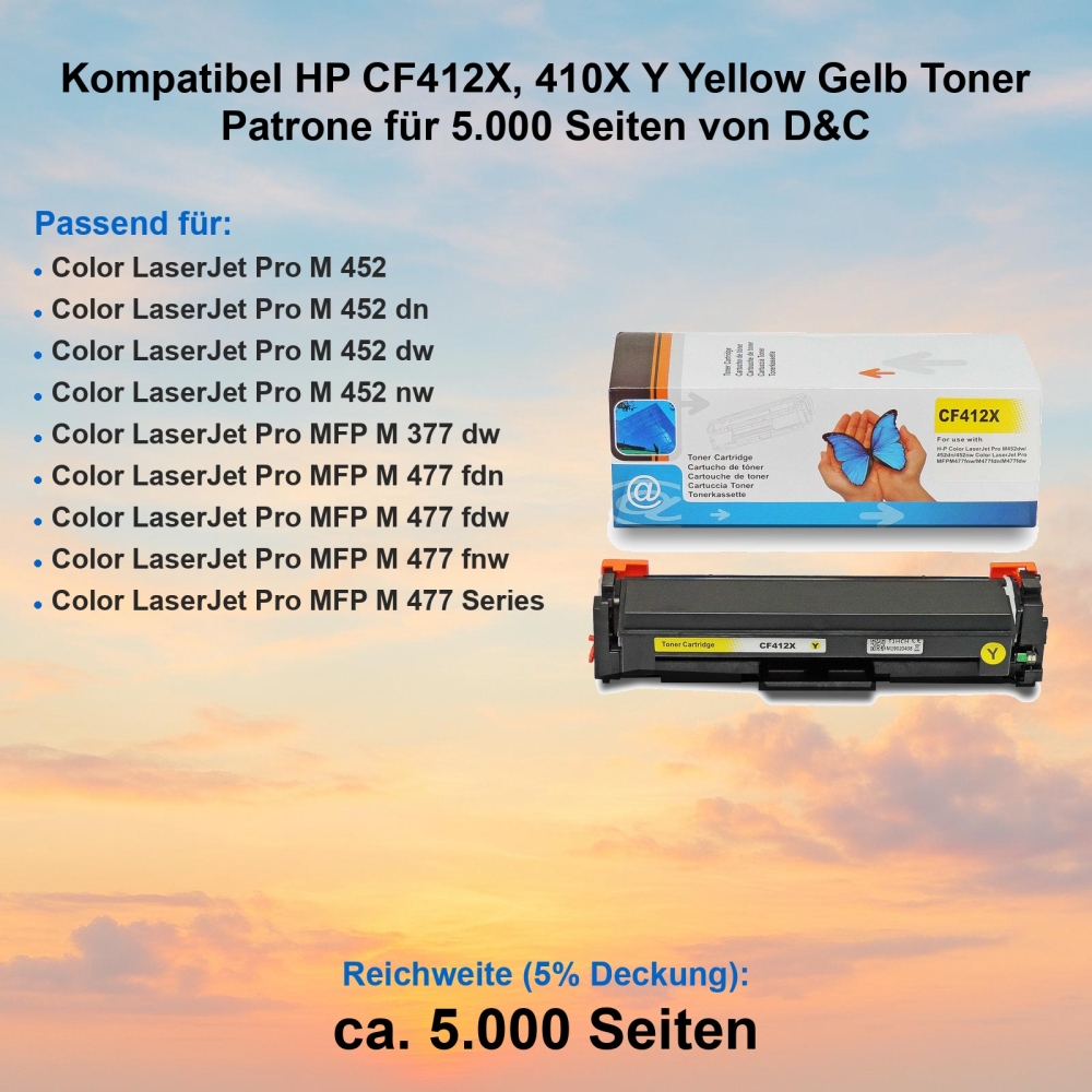 Kompatibel HP CF412X, 410X Y Yellow Gelb Toner Patrone für 5.000 Seiten von D&C