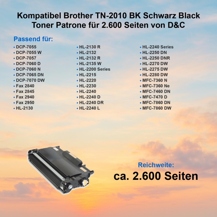Kompatibel Brother TN-2010 BK Schwarz Black Toner Patrone für 2.600 Seiten von D&C
