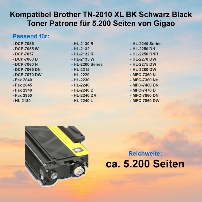 Kompatibel Brother TN-2010 XL BK Schwarz Black Toner Patrone für 5.200 Seiten von Gigao