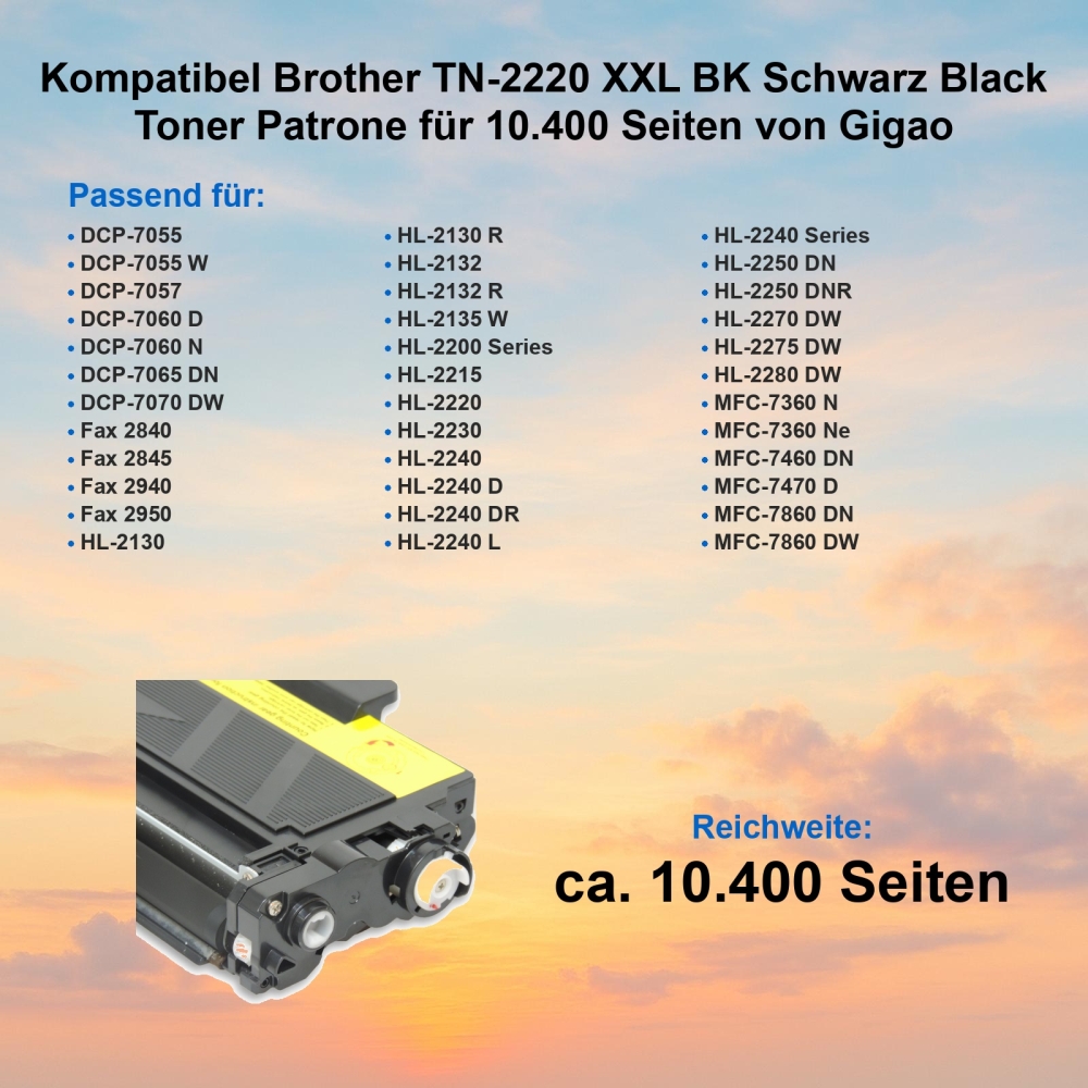 Kompatibel Brother TN-2220 XXL BK Schwarz Black Toner Patrone für 10.400 Seiten von Gigao