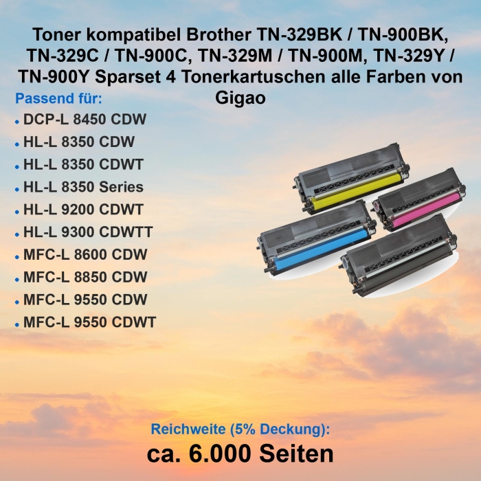Toner kompatibel Brother TN-329BK / TN-900BK, TN-329C / TN-900C, TN-329M / TN-900M, TN-329Y / TN-900Y Sparset 4 Tonerkartuschen alle Farben von Gigao