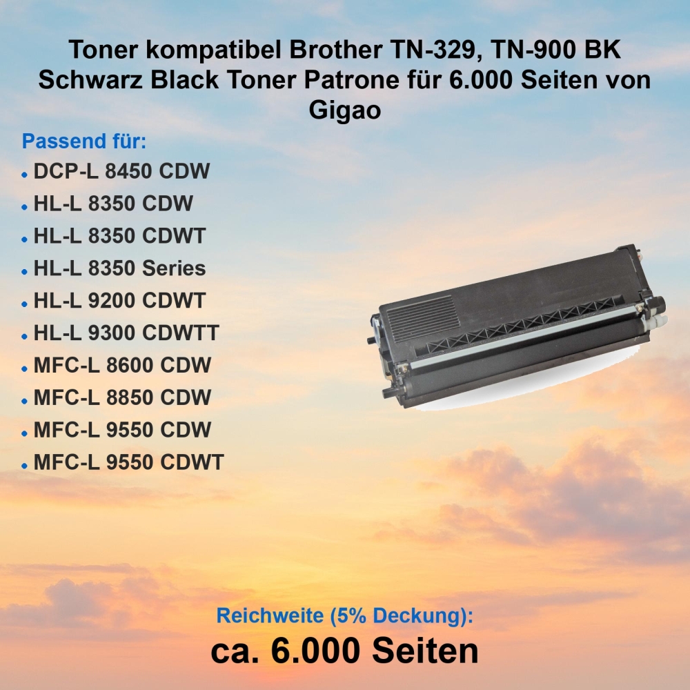 Toner kompatibel Brother TN-329, TN-900 BK Schwarz Black Toner Patrone für 6.000 Seiten von Gigao