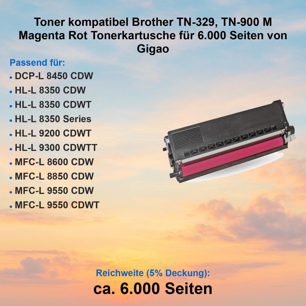 Toner kompatibel Brother TN-329, TN-900 M Magenta Rot Tonerkartusche für 6.000 Seiten von Gigao
