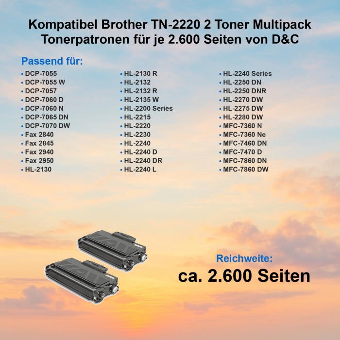 Kompatibel Brother TN-2220 2 Toner Multipack Tonerpatronen für je 2.600 Seiten von D&C