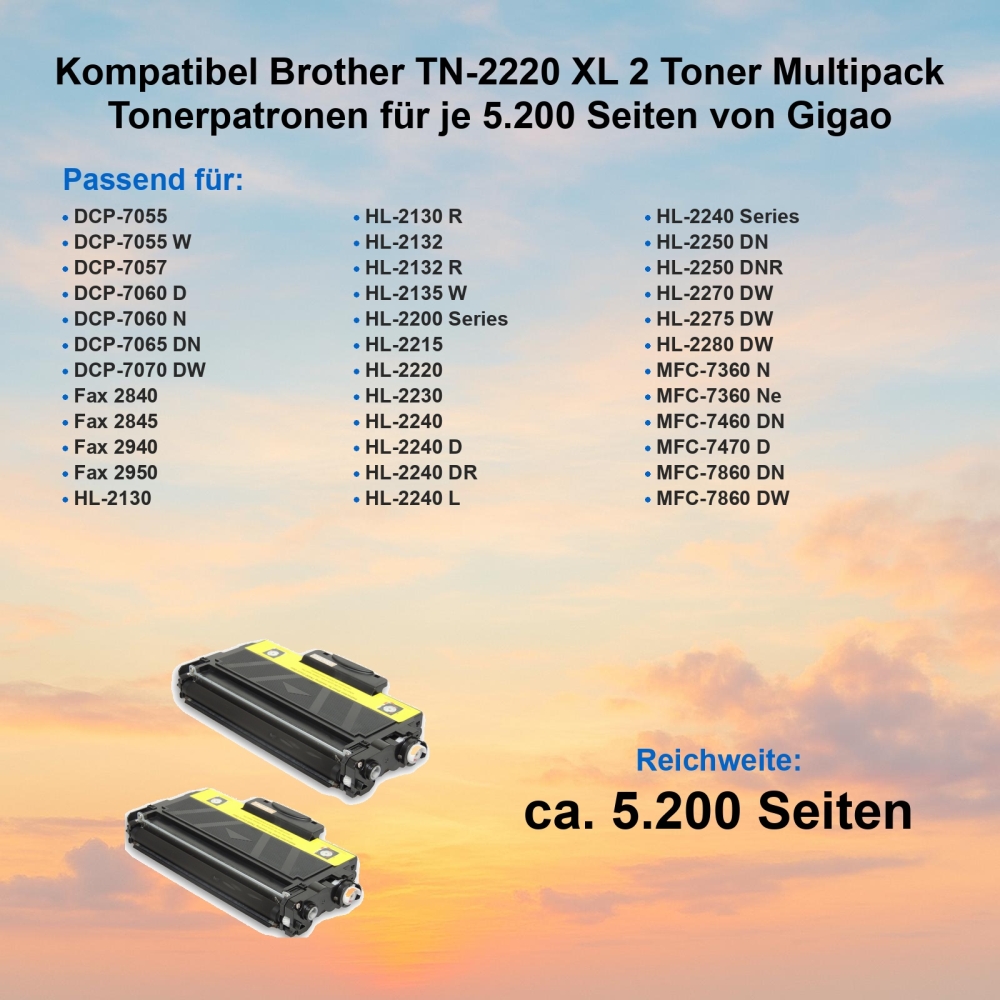 Kompatibel Brother TN-2220 XL 2 Toner Multipack Tonerpatronen für je 5.200 Seiten von Gigao