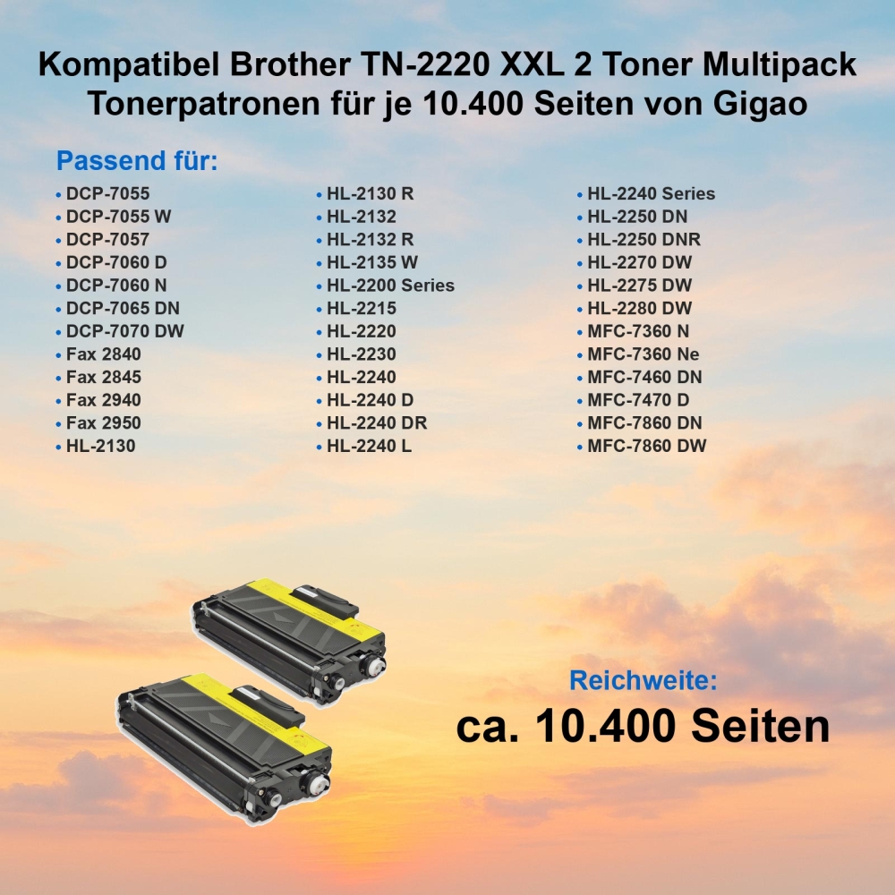 Kompatibel Brother TN-2220 XXL 2 Toner Multipack Tonerpatronen für je 10.400 Seiten von Gigao