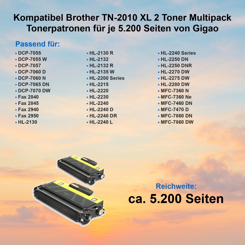 Kompatibel Brother TN-2010 XL 2 Toner Multipack Tonerpatronen für je 5.200 Seiten von Gigao