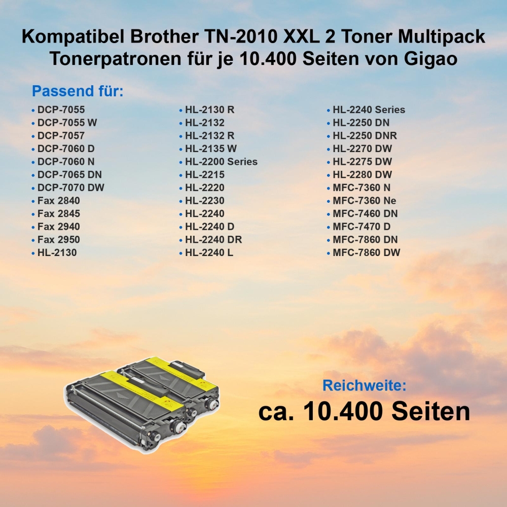 Kompatibel Brother TN-2010 XXL 2 Toner Multipack Tonerpatronen für je 10.400 Seiten von Gigao