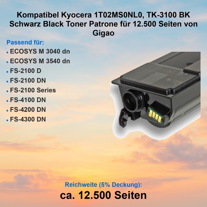 Kompatibel Kyocera 1T02MS0NL0, TK-3100 BK Schwarz Black Toner Patrone für 12.500 Seiten von Gigao