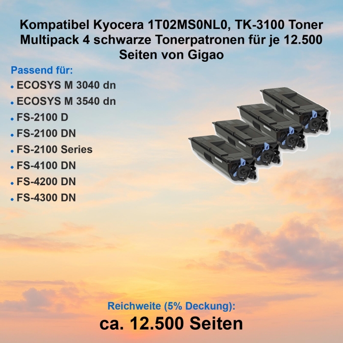 Kompatibel Kyocera 1T02MS0NL0, TK-3100 Toner Multipack 4 schwarze Tonerpatronen für je 12.500 Seiten von Gigao