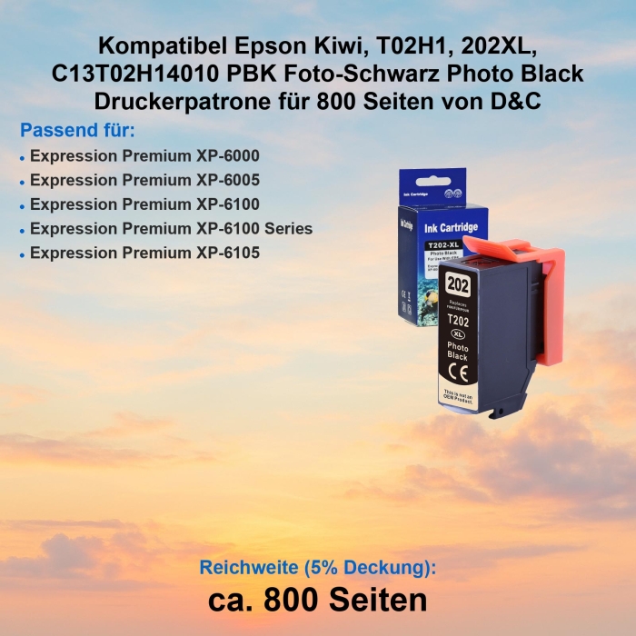 Kompatibel Epson Kiwi, T02H1, 202XL, C13T02H14010 PBK Foto-Schwarz Photo Black Druckerpatrone für 800 Seiten von D&C
