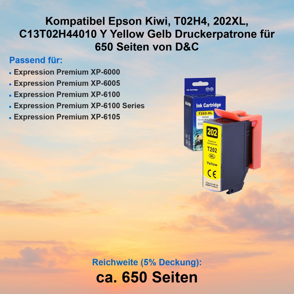 Kompatibel Epson Kiwi, T02H4, 202XL, C13T02H44010 Y Yellow Gelb Druckerpatrone für 650 Seiten von D&C