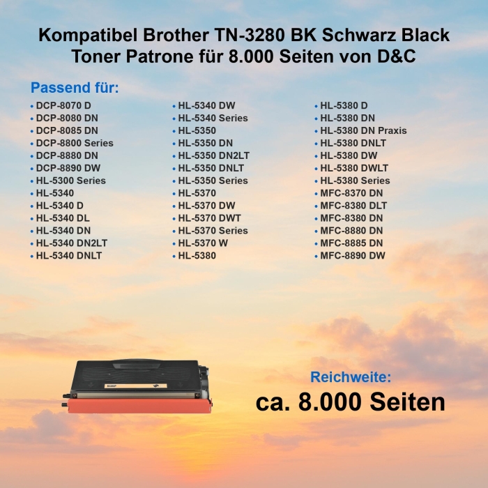 Kompatibel Brother TN-3280 BK Schwarz Black Toner Patrone für 8.000 Seiten von D&C