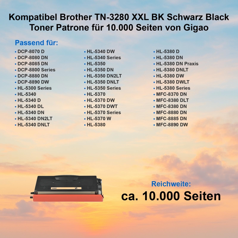 Kompatibel Brother TN-3280 XXL BK Schwarz Black Toner Patrone für 10.000 Seiten von Gigao