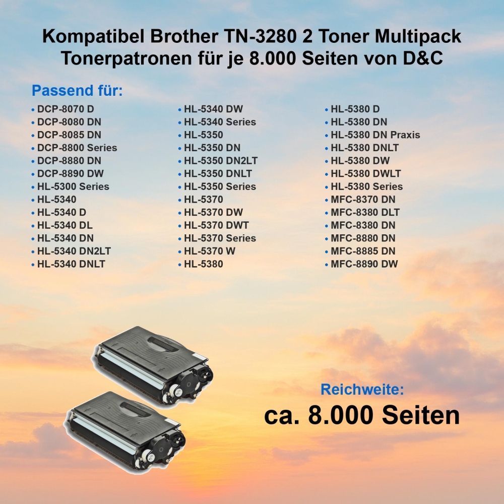 Kompatibel Brother TN-3280 2 Toner Multipack Tonerpatronen für je 8.000 Seiten von D&C
