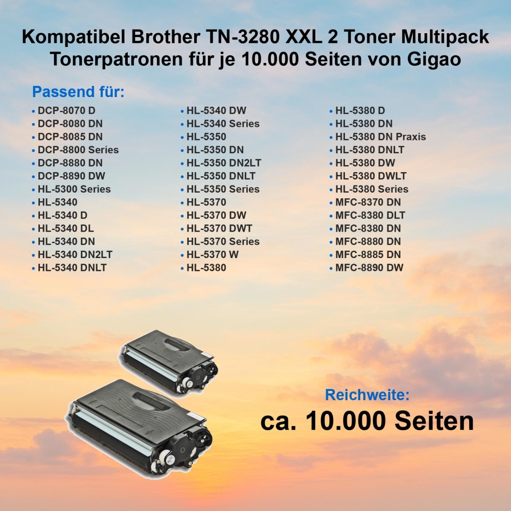 Kompatibel Brother TN-3280 XXL 2 Toner Multipack Tonerpatronen für je 10.000 Seiten von Gigao