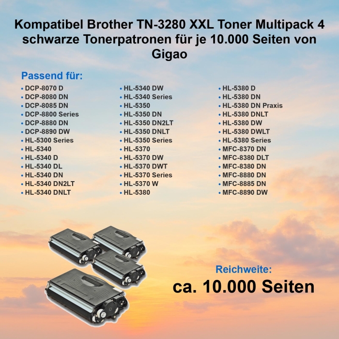 Kompatibel Brother TN-3280 XXL Toner Multipack 4 schwarze Tonerpatronen für je 10.000 Seiten von Gigao