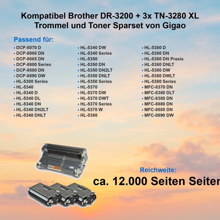 Kompatibel Brother DR-3200 + 3x TN-3280 XL Trommel und Toner Sparset von Gigao