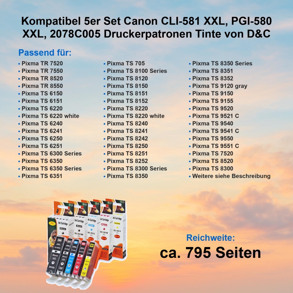 Kompatibel 5er Set Canon CLI-581 XXL, PGI-580 XXL, 2078C005 Druckerpatronen Tinte von D&C