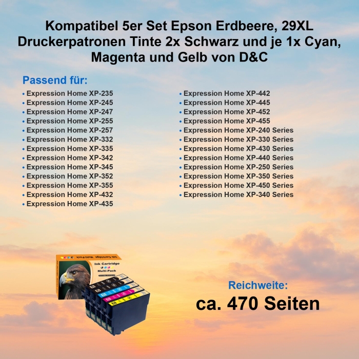 Kompatibel 5er Set Epson Erdbeere, 29XL Druckerpatronen Tinte 2x Schwarz und je 1x Cyan, Magenta und Gelb von D&C