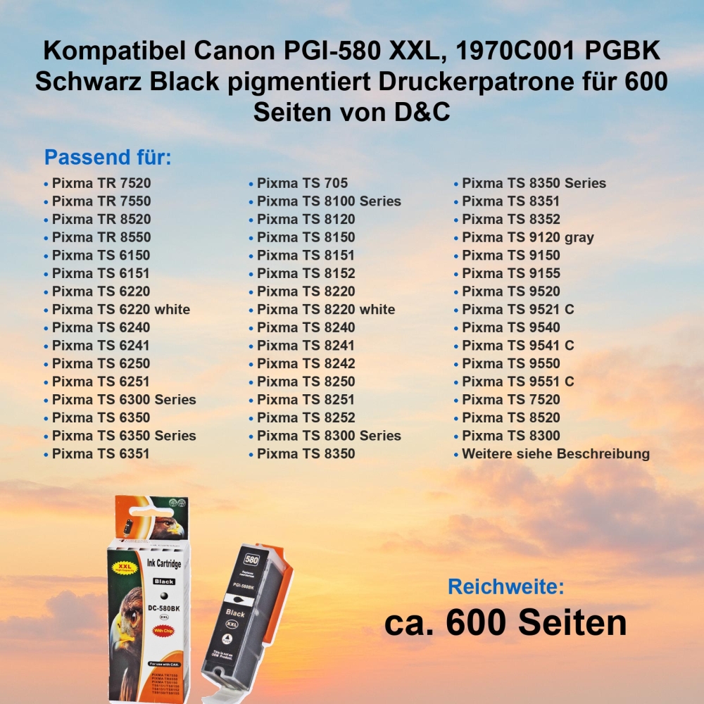 Kompatibel Canon PGI-580 XXL, 1970C001 PGBK Schwarz Black pigmentiert Druckerpatrone für 600 Seiten von D&C
