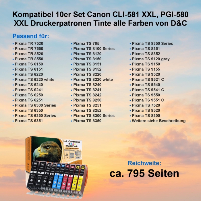 Kompatibel 10er Set Canon CLI-581 PGI-580 XXL Druckerpatronen Tinte alle Farben von D&C