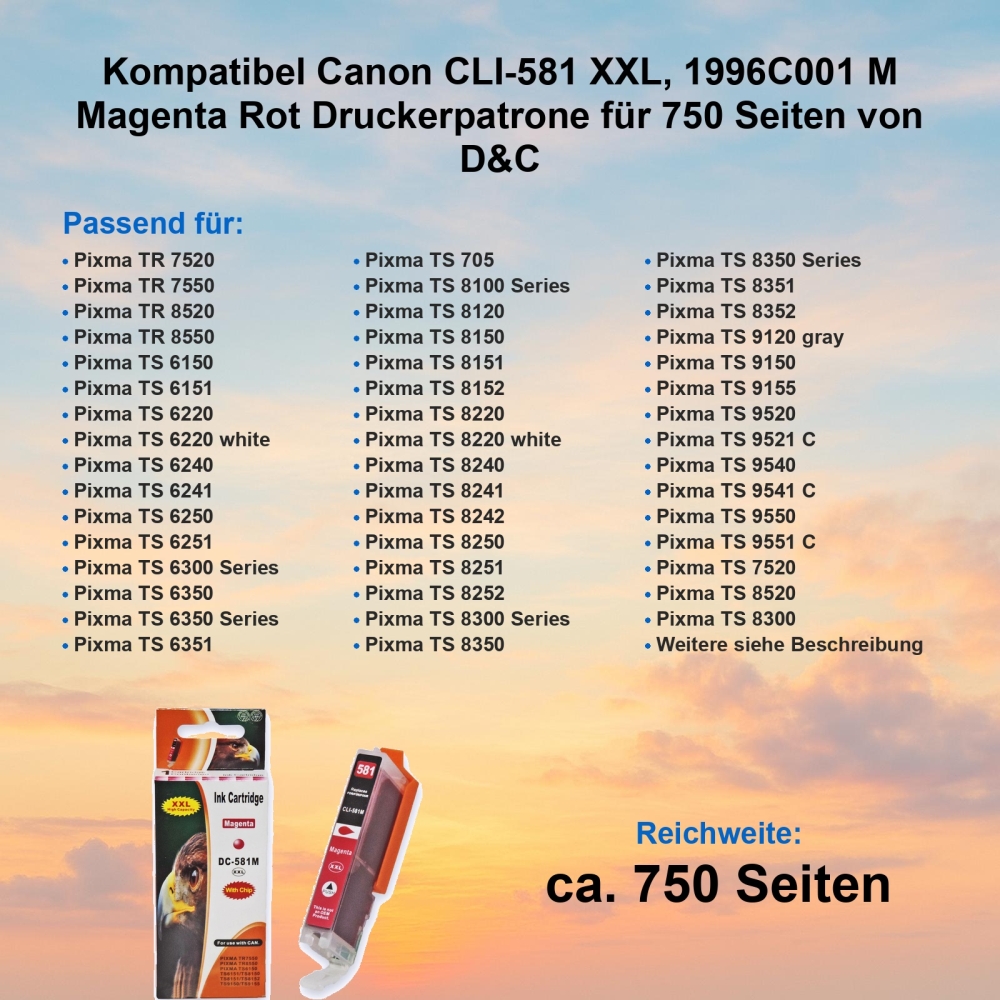 Kompatibel Canon CLI-581 XXL, 1996C001 M Magenta Rot Druckerpatrone für 750 Seiten von D&C