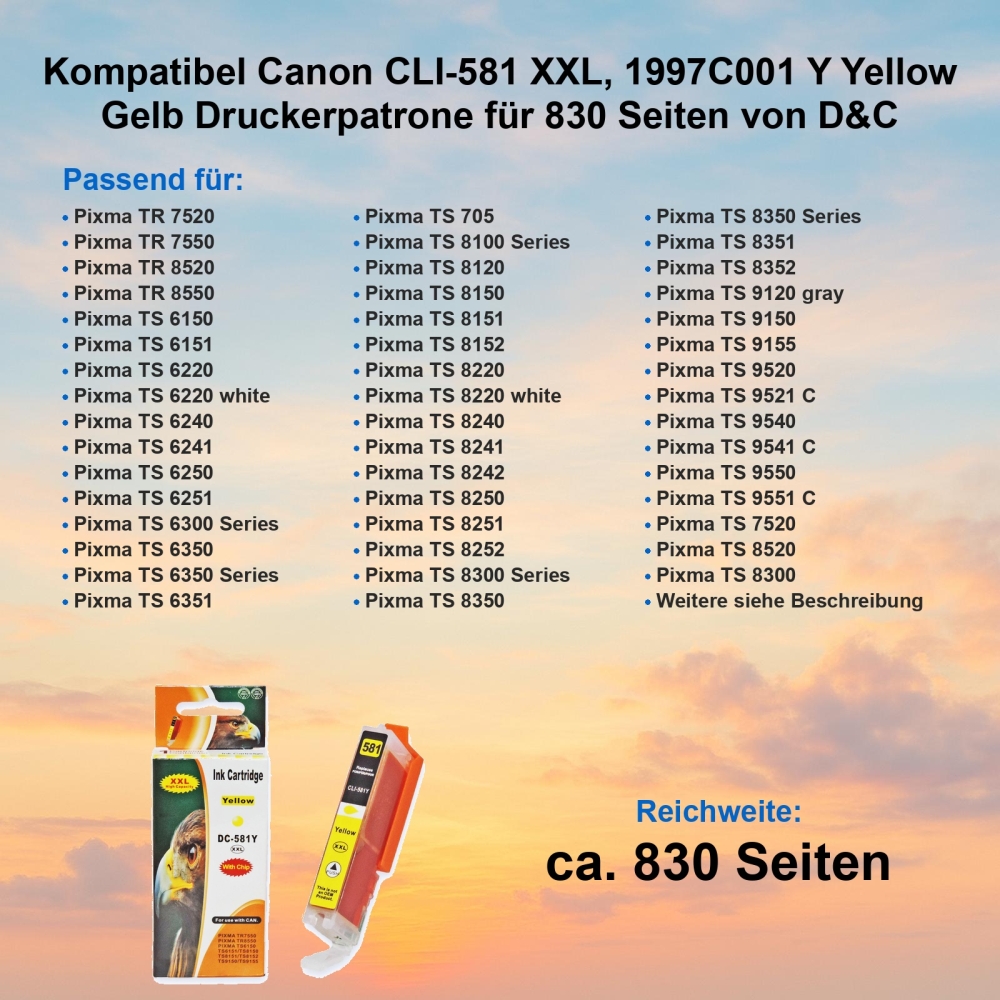 Kompatibel Canon CLI-581 XXL, 1997C001 Y Yellow Gelb Druckerpatrone für 830 Seiten von D&C
