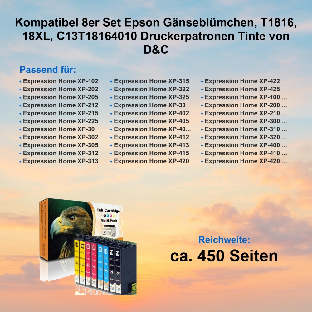 Kompatibel 8er Set Epson Gänseblümchen, T1816, 18XL, C13T18164010 Druckerpatronen Tinte von D&C