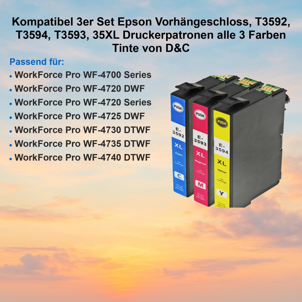 Kompatibel 3er Set Epson Vorhängeschloss, T3592, T3594, T3593, 35XL Druckerpatronen alle 3 Farben Tinte von D&C