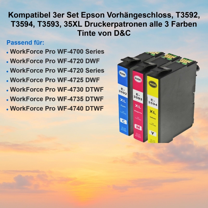 Kompatibel 3er Set Epson Vorhängeschloss, T3592, T3594, T3593, 35XL Druckerpatronen alle 3 Farben Tinte von D&C