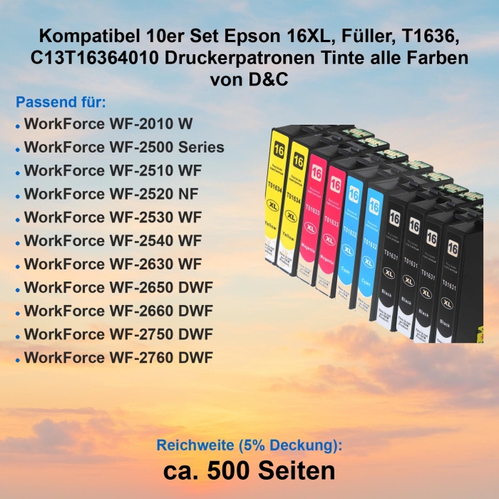 Kompatibel 10er Set Epson 16XL, Füller, T1636, C13T16364010 Druckerpatronen Tinte alle Farben von D&C