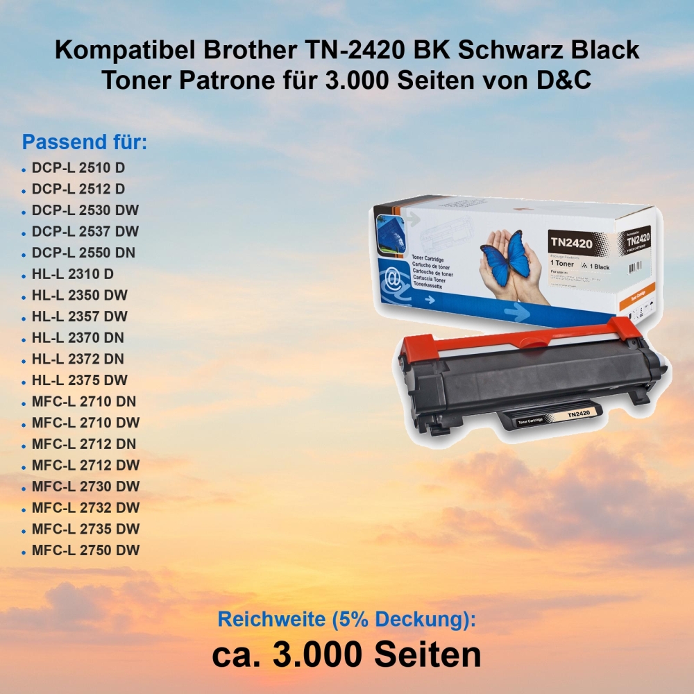 Kompatibel Brother TN-2420 BK Schwarz Black Toner Patrone für 3.000 Seiten von D&C