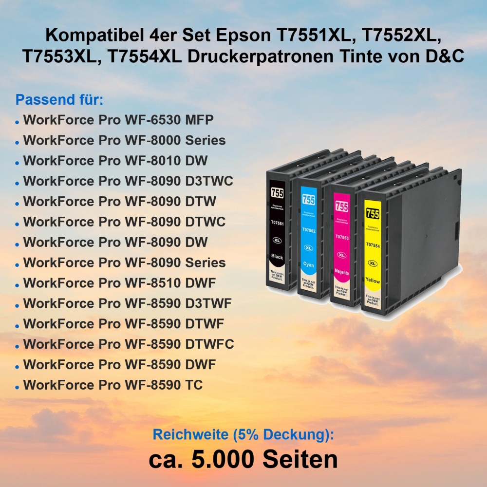 Kompatibel 4er Set Epson T7551XL, T7552XL, T7553XL, T7554XL Druckerpatronen Tinte von D&C