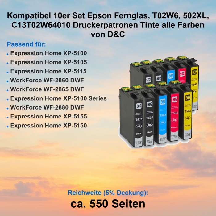 Kompatibel 10er Set Epson Fernglas, T02W6, 502XL, C13T02W64010 Druckerpatronen Tinte alle Farben von D&C