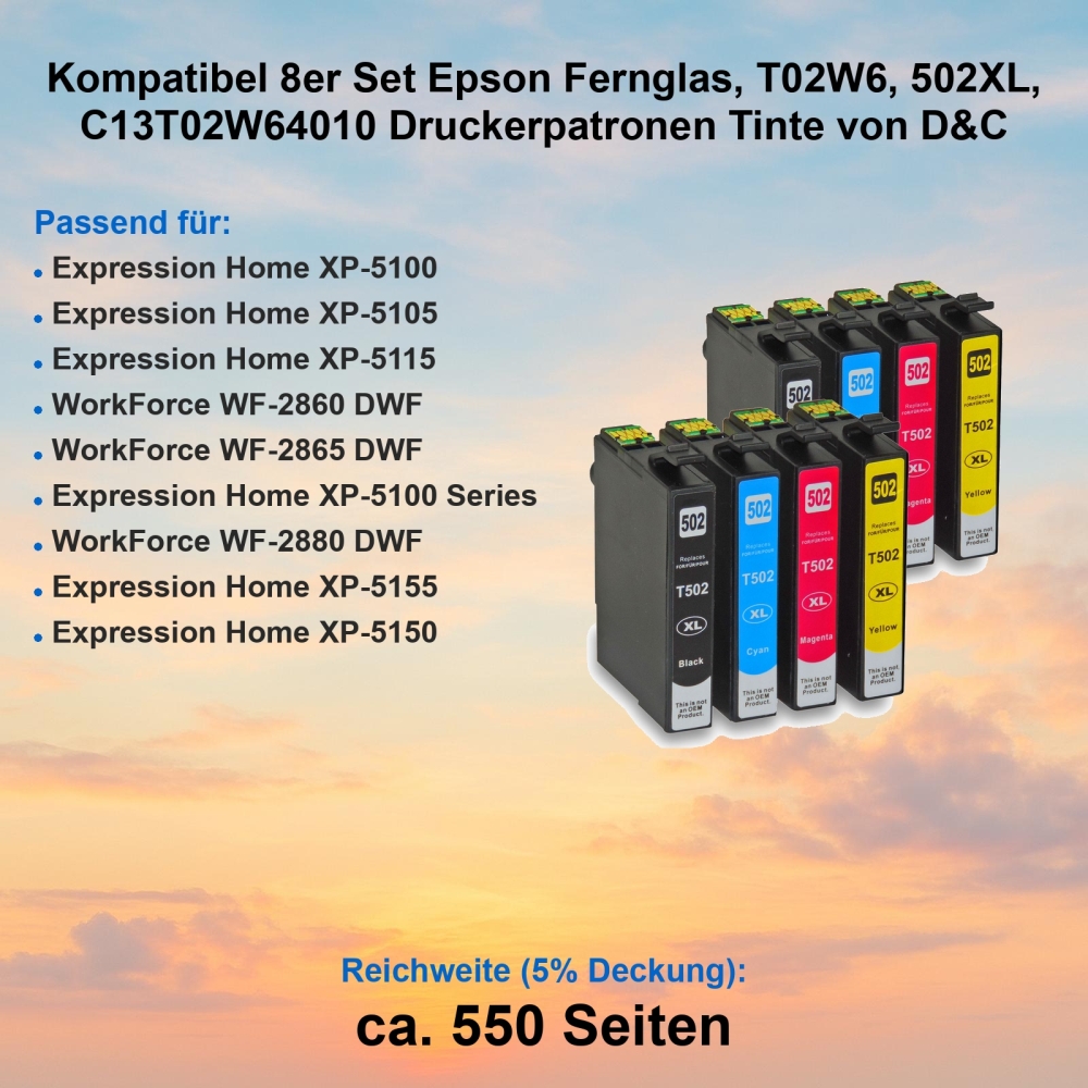 Kompatibel 8er Set Epson Fernglas, T02W6, 502XL, C13T02W64010 Druckerpatronen Tinte von D&C