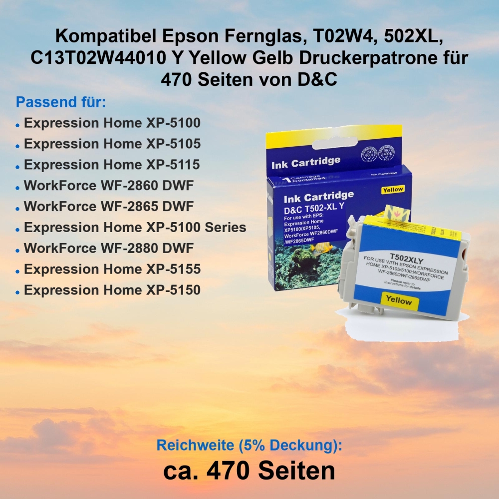 Kompatibel Epson Fernglas, T02W4, 502XL, C13T02W44010 Y Yellow Gelb Druckerpatrone für 470 Seiten von D&C