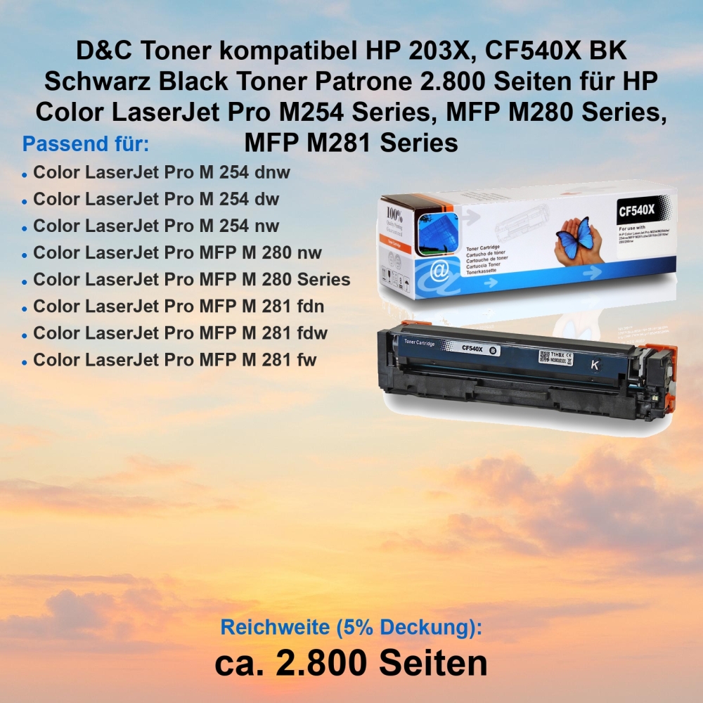 D&C Toner kompatibel HP 203X, CF540X BK Schwarz Black Toner Patrone 2.800 Seiten für HP Color LaserJet Pro M254 Series, MFP M280 Series, MFP M281 Series